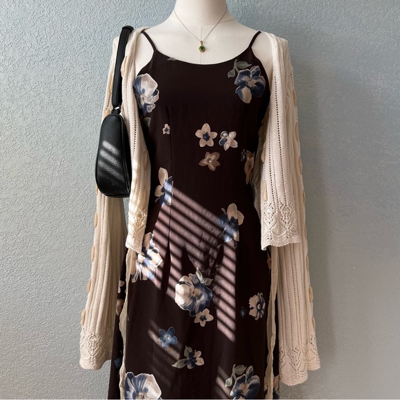 Vintage 90s Indie Brown Floral Slip Dress Spaghetti Strap Maxi Sense USA Size S - Picture 3 of 11